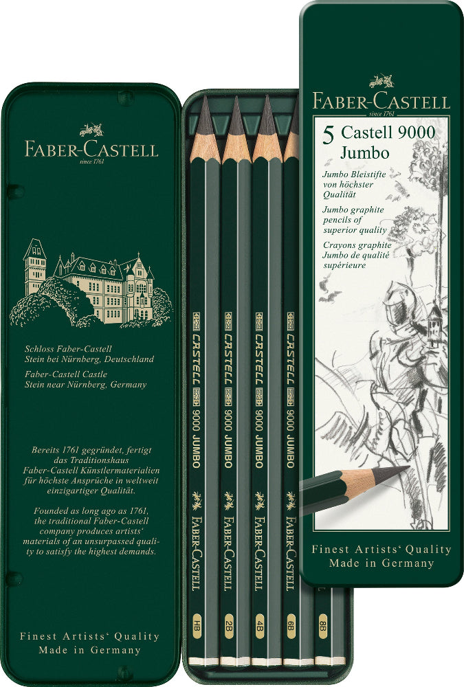 Castell 9000 Jumbo Graphite Pencil, Tin of 5
