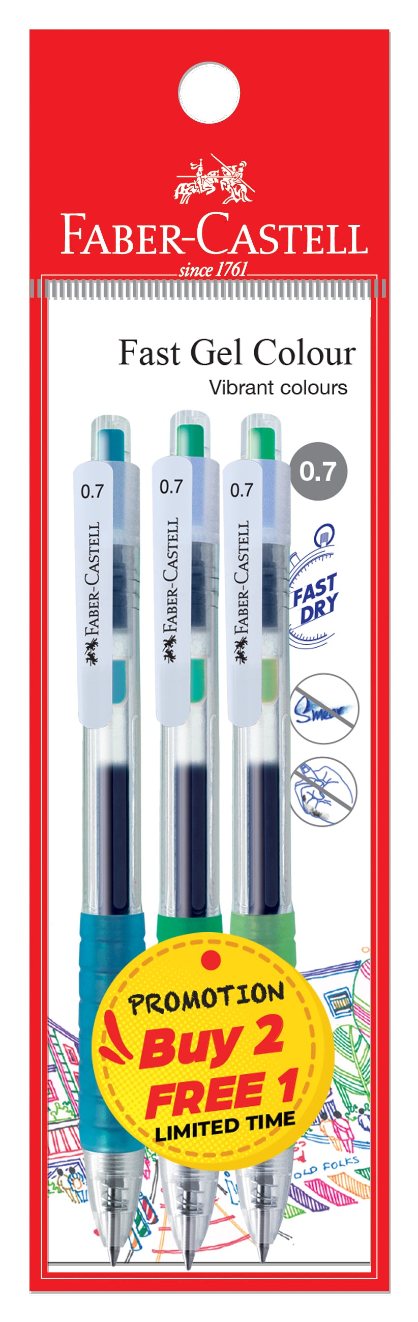 [Buy 2, Free 1] Gel Pen Fast Gel Colour, Turquoise, Pink, Light Green, 0.7mm